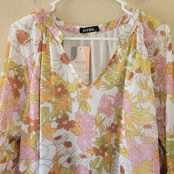 BTFBM Womens Top Size XL Floral Balloon Sleeves Boho Peasant Lightweight Nwt - Picture 2 of 7